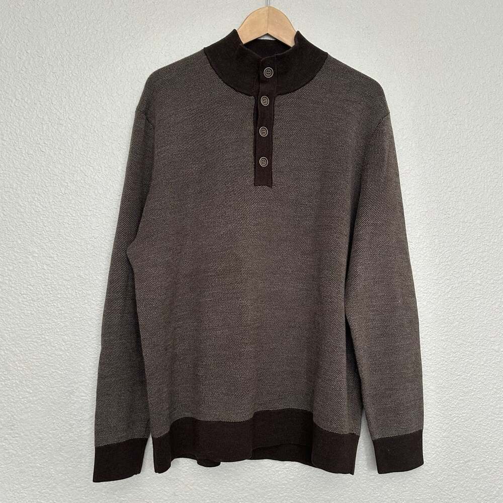 UNTUCKit Men's XL Merino Wool Henley Sweater Brown Henley Button Neck Pullover